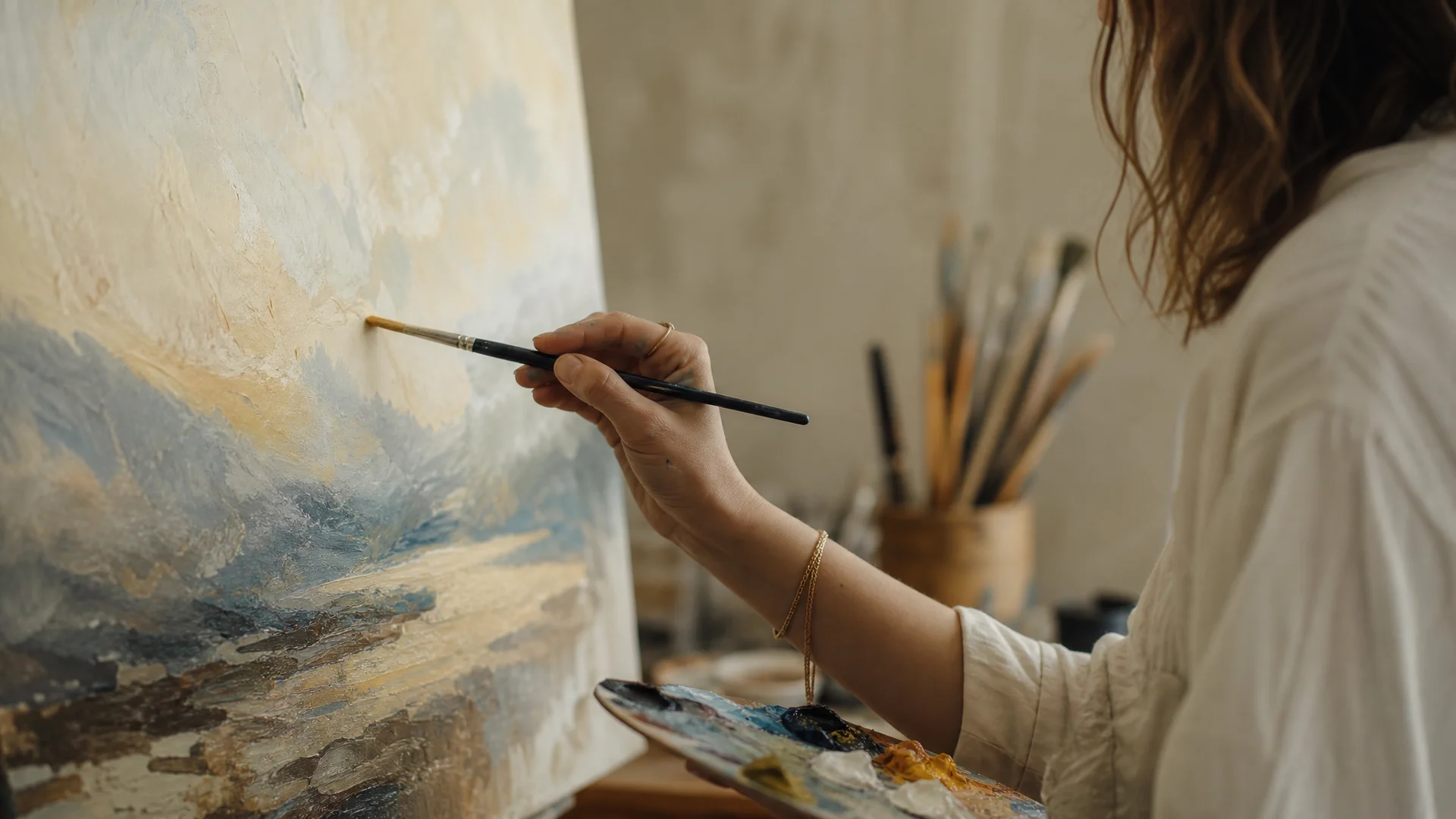 Artist working on a hand-painted canvas