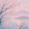 Pink petals with impasto texture over a soft misty landscape, oil on canvas