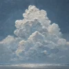 cloudlit-horizon-coastal-ocean-art Textured oil painting of white clouds over a silver ocean horizon