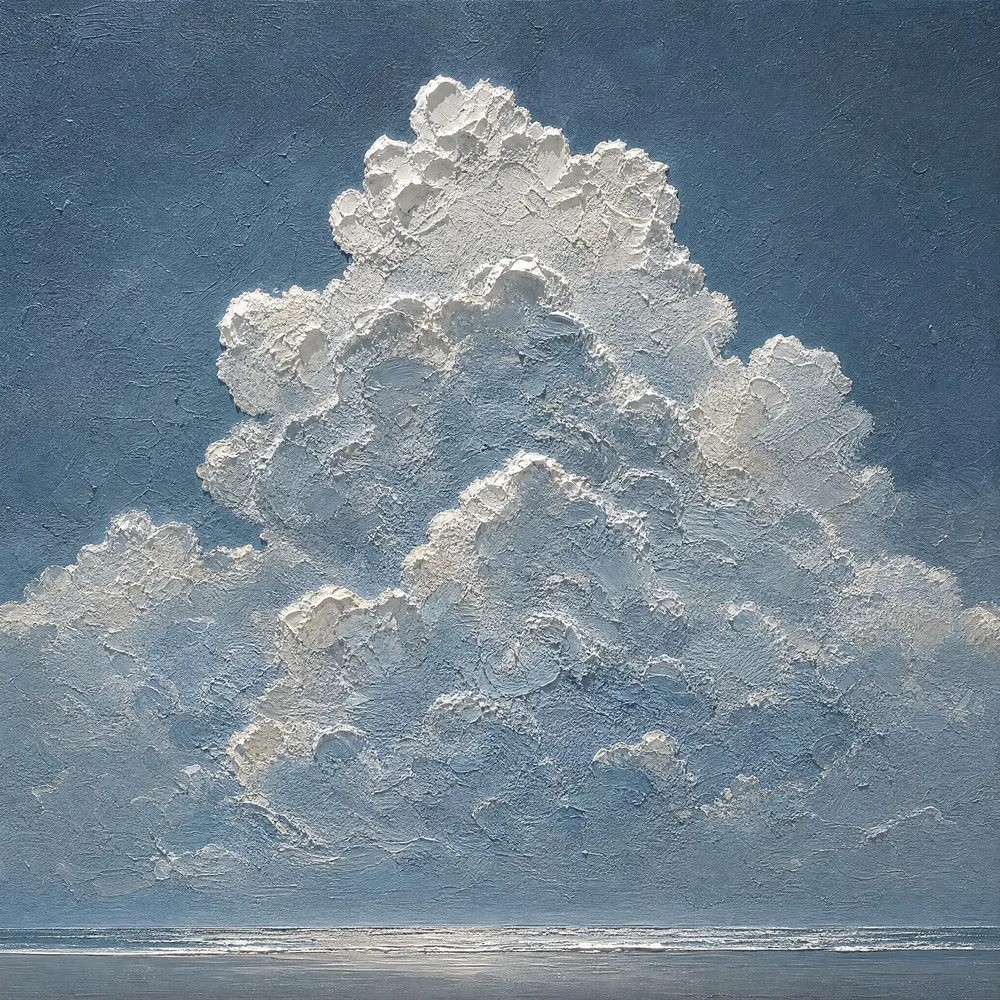 cloudlit-horizon-coastal-ocean-art Textured oil painting of white clouds over a silver ocean horizon