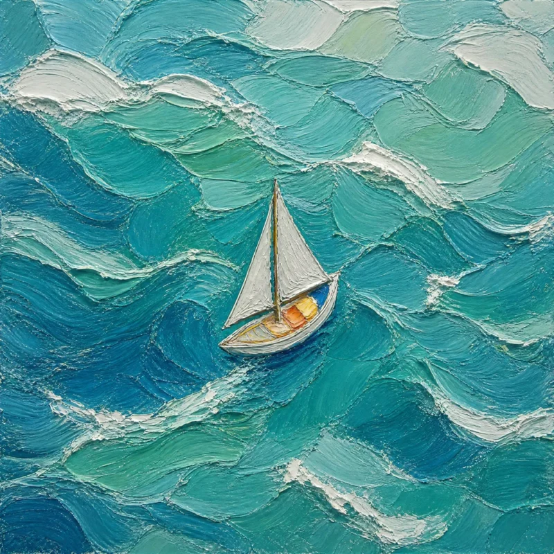 teal-crossing-coastal-ocean-canvas-art Textured oil painting of a sailboat crossing teal ocean waves