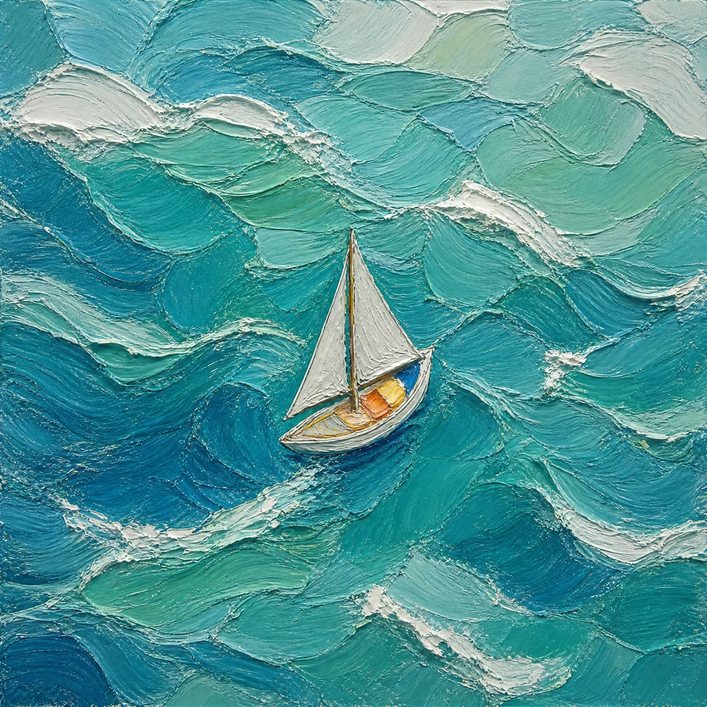 teal-crossing-coastal-ocean-canvas-art Textured oil painting of a sailboat crossing teal ocean waves