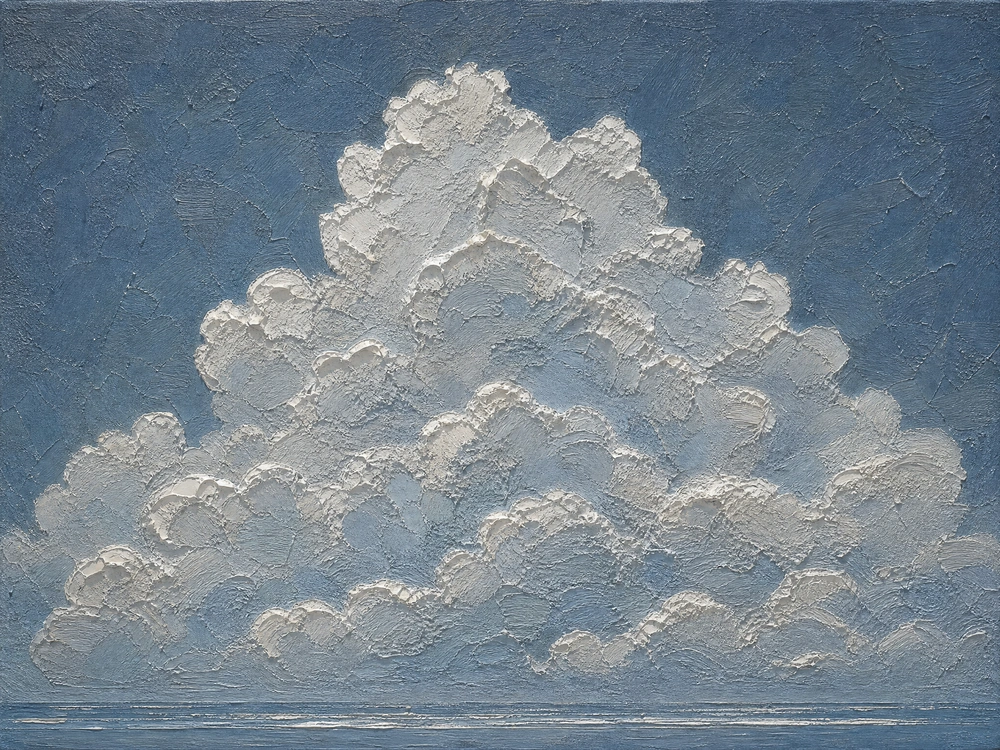 tempest-crown-impasto-seascape-canvas-art Impasto oil painting of massive storm clouds billowing above a calm ocean surface