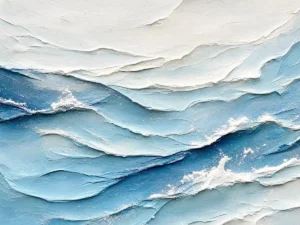 Textured impasto oil painting of abstract blue ocean waves and ivory foam