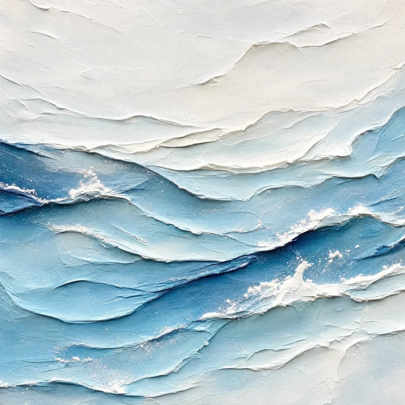 Textured impasto oil painting of abstract blue ocean waves and ivory foam