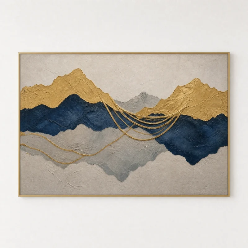 Warm amber landscape painting with golden tones and dark forest band on canvas