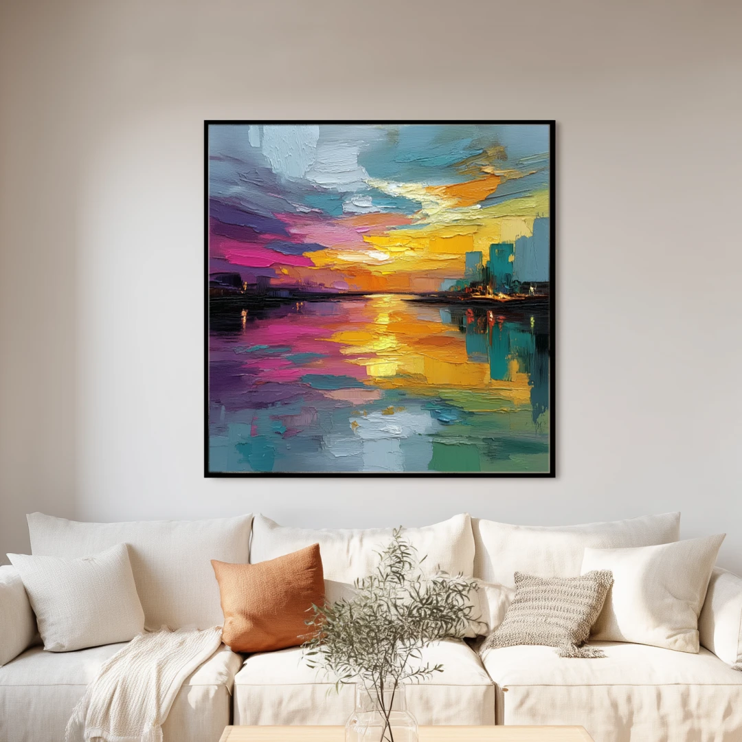 twilight-reflections-living-room-S-01 S003 | Twilight Reflections - Colorful Cityscape Wall Art