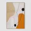 Warm abstract painting with ochre shapes, black linework, and textured ivory ground