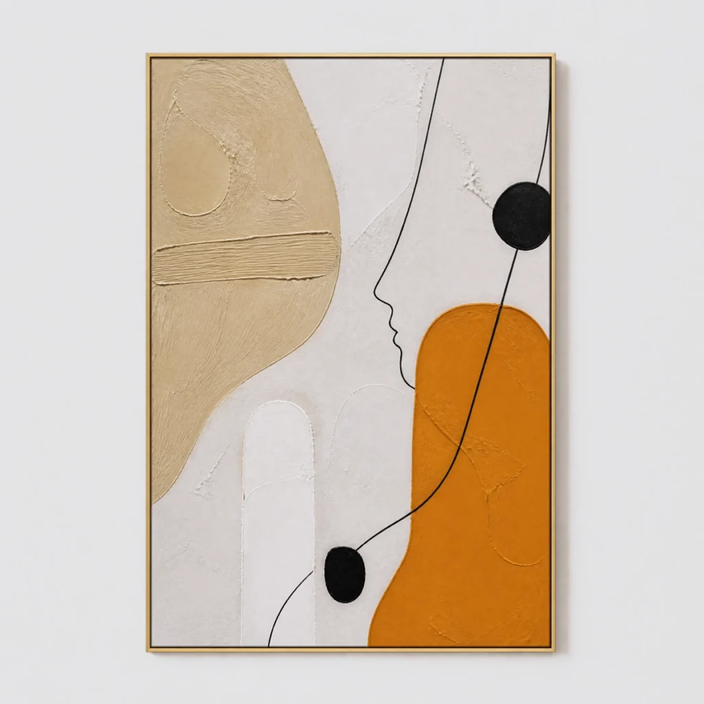 Warm abstract painting with ochre shapes, black linework, and textured ivory ground