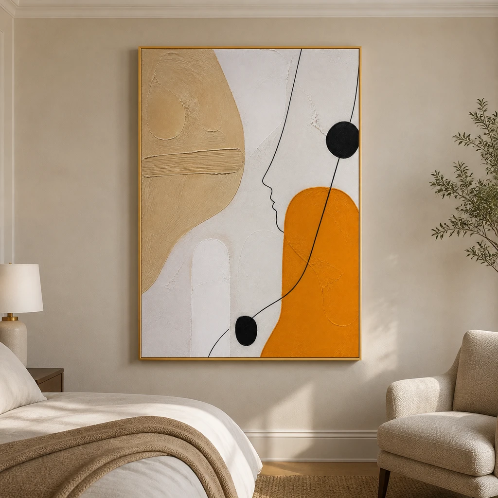 Warm abstract painting with ochre shapes, black linework, and textured ivory ground
