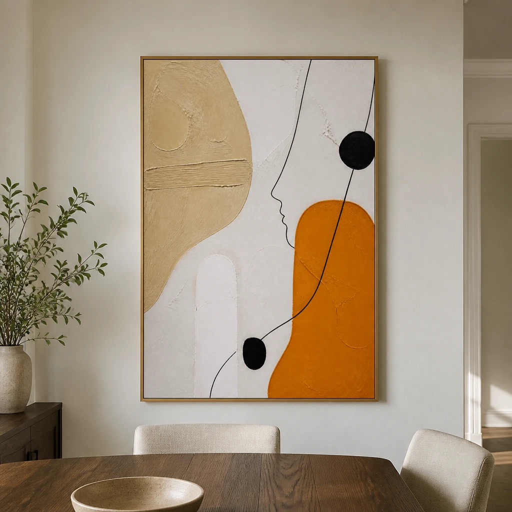 Warm abstract painting with ochre shapes, black linework, and textured ivory ground