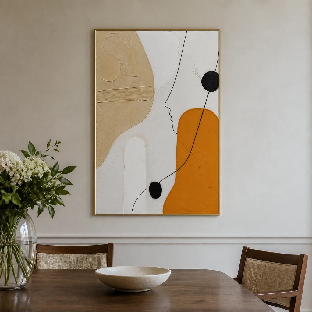 Warm abstract painting with ochre shapes, black linework, and textured ivory ground
