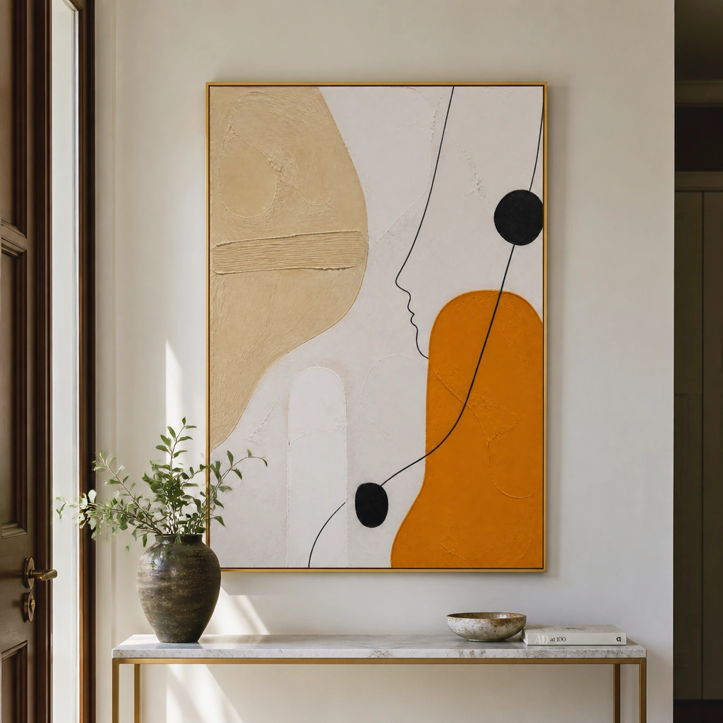 Warm abstract painting with ochre shapes, black linework, and textured ivory ground