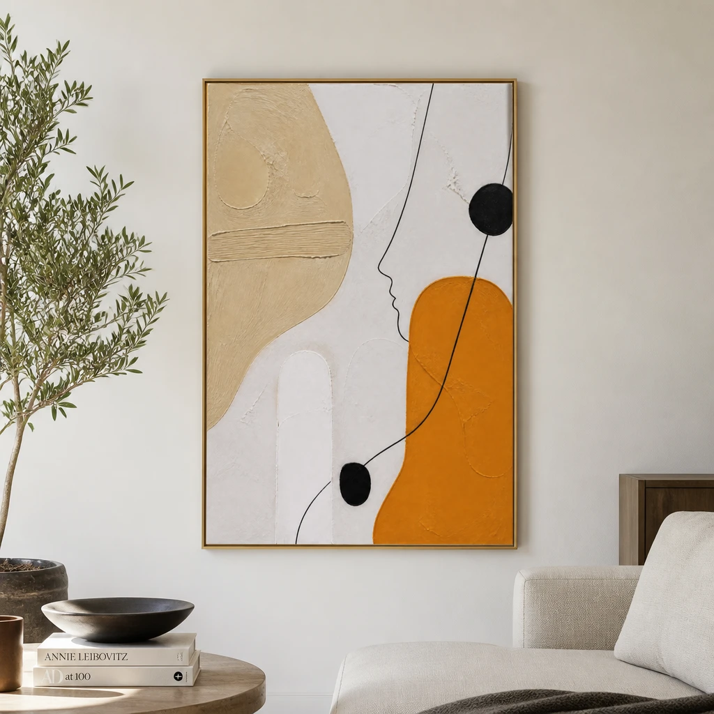 Warm abstract painting with ochre shapes, black linework, and textured ivory ground