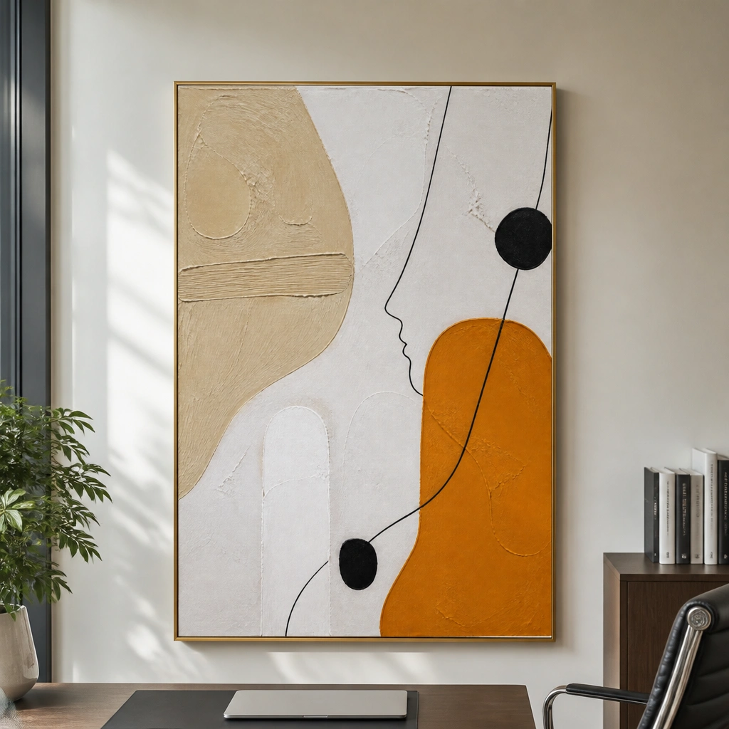 Warm abstract painting with ochre shapes, black linework, and textured ivory ground