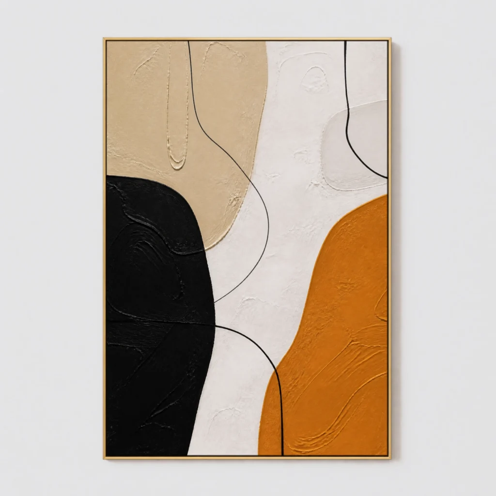 Black and ochre abstract painting with textured ivory background and curved linework