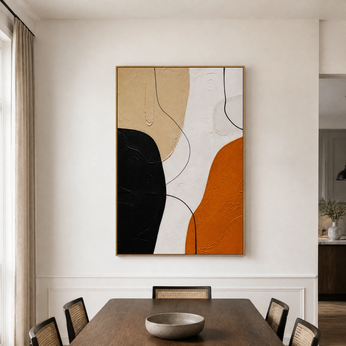 P006-ochre-balance-black-and-gold-abstract-wall-art-dinning-room-1 Black and ochre abstract painting with textured ivory background and curved linework