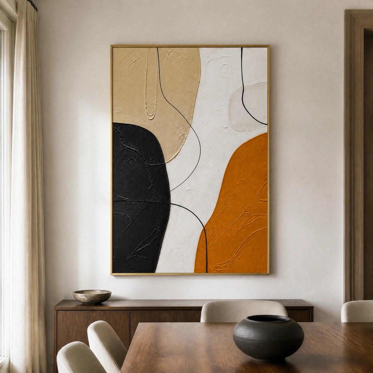 P006-ochre-balance-black-and-gold-abstract-wall-art-dinning-room-2 Black and ochre abstract painting with textured ivory background and curved linework