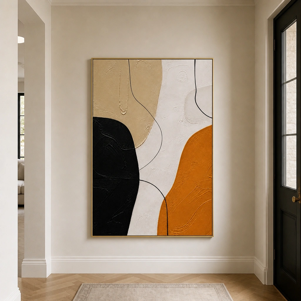 P006-ochre-balance-black-and-gold-abstract-wall-art-entryway-1 Black and ochre abstract painting with textured ivory background and curved linework