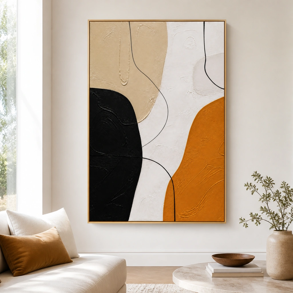 P006-ochre-balance-black-and-gold-abstract-wall-art-living-room-1 Black and ochre abstract painting with textured ivory background and curved linework