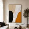 P006-ochre-balance-black-and-gold-abstract-wall-art-living-room-2 Black and ochre abstract painting with textured ivory background and curved linework