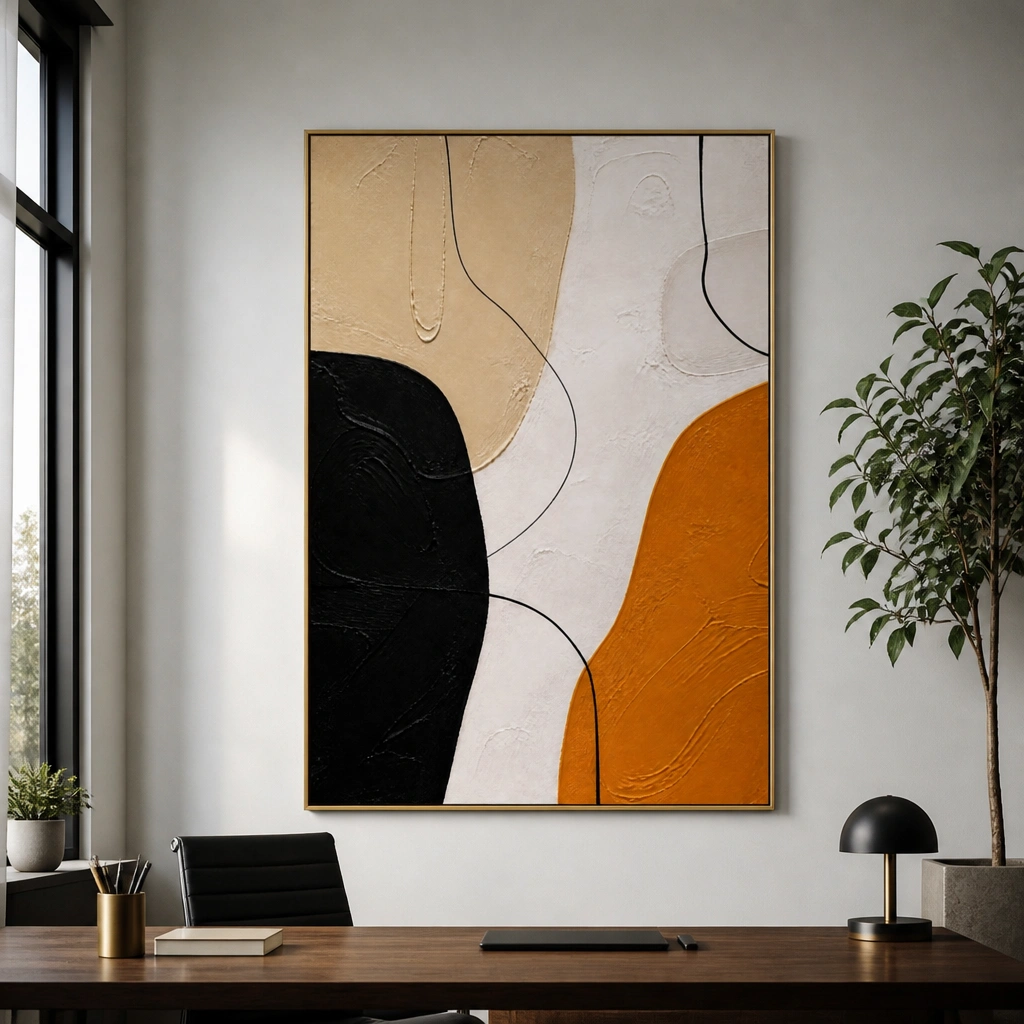 Black and ochre abstract painting with textured ivory background and curved linework