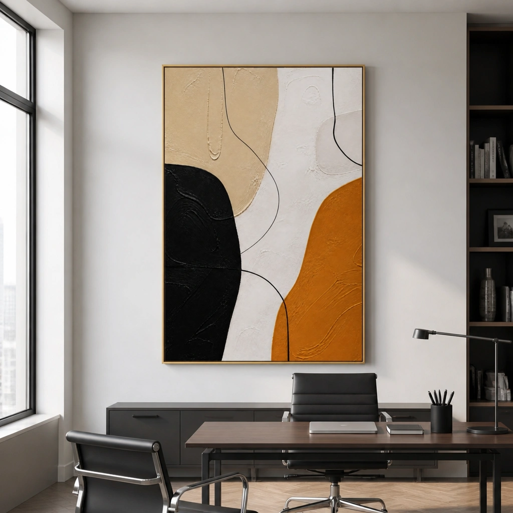 Black and ochre abstract painting with textured ivory background and curved linework