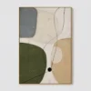 P007-olive-trace-green-abstract-wall-art-T-2x3-gold-frame-pure-wall Green abstract painting with olive shapes, gray block, beige texture, and black lines