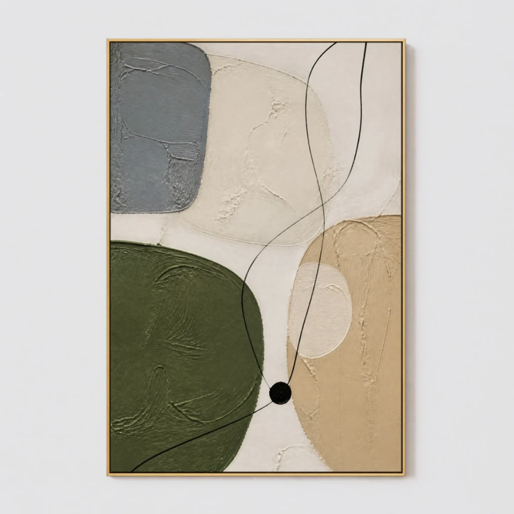 Green abstract painting with olive shapes, gray block, beige texture, and black lines