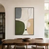 P007-olive-trace-green-abstract-wall-art-dinning-room-1 Green abstract painting with olive shapes, gray block, beige texture, and black lines