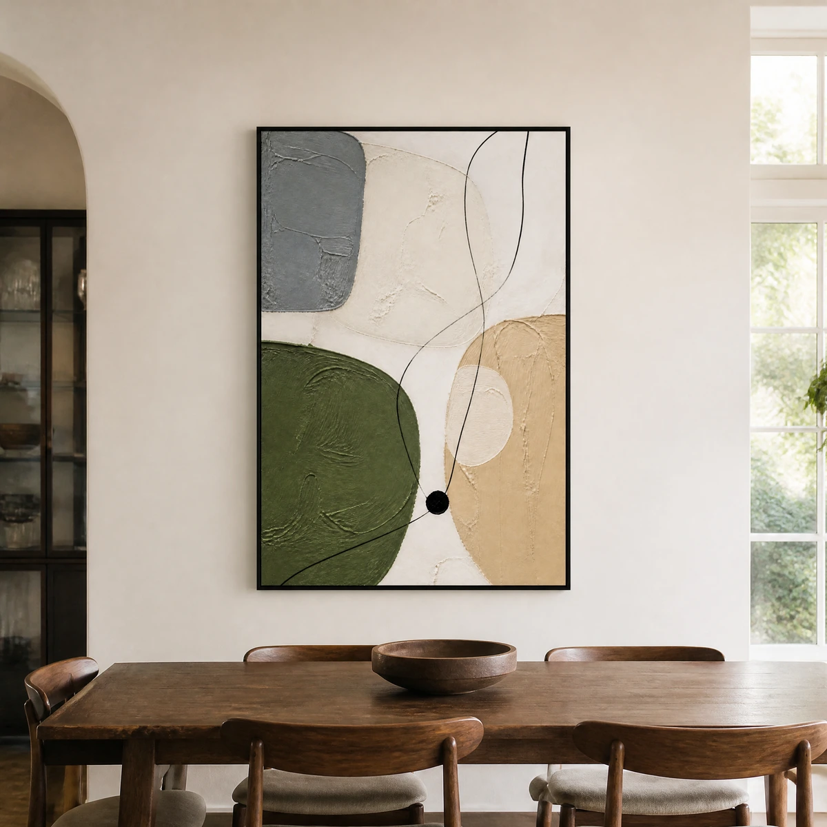 P007-olive-trace-green-abstract-wall-art-dinning-room-1 Green abstract painting with olive shapes, gray block, beige texture, and black lines