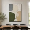 P007-olive-trace-green-abstract-wall-art-dinning-room-2 Green abstract painting with olive shapes, gray block, beige texture, and black lines