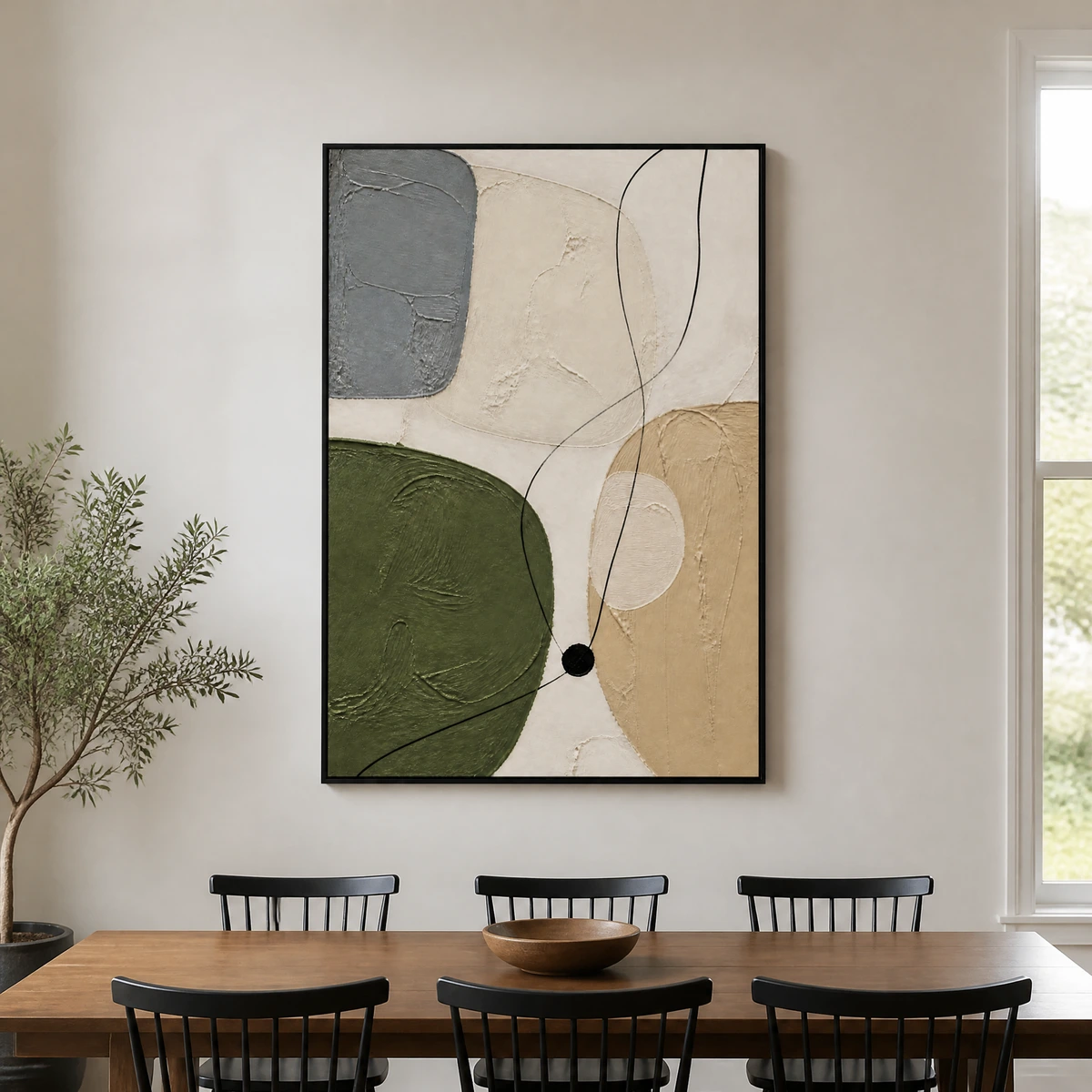 P007-olive-trace-green-abstract-wall-art-dinning-room-2 Green abstract painting with olive shapes, gray block, beige texture, and black lines