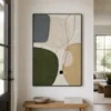 P007-olive-trace-green-abstract-wall-art-entryway-1 Green abstract painting with olive shapes, gray block, beige texture, and black lines