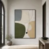 P007-olive-trace-green-abstract-wall-art-entryway-2 Green abstract painting with olive shapes, gray block, beige texture, and black lines
