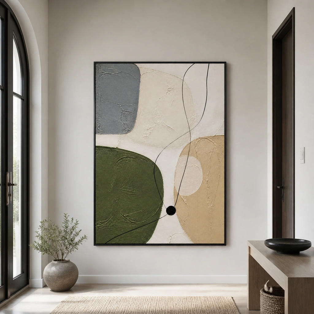 P007-olive-trace-green-abstract-wall-art-entryway-2 Green abstract painting with olive shapes, gray block, beige texture, and black lines
