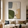 P007-olive-trace-green-abstract-wall-art-living-room-1 Green abstract painting with olive shapes, gray block, beige texture, and black lines