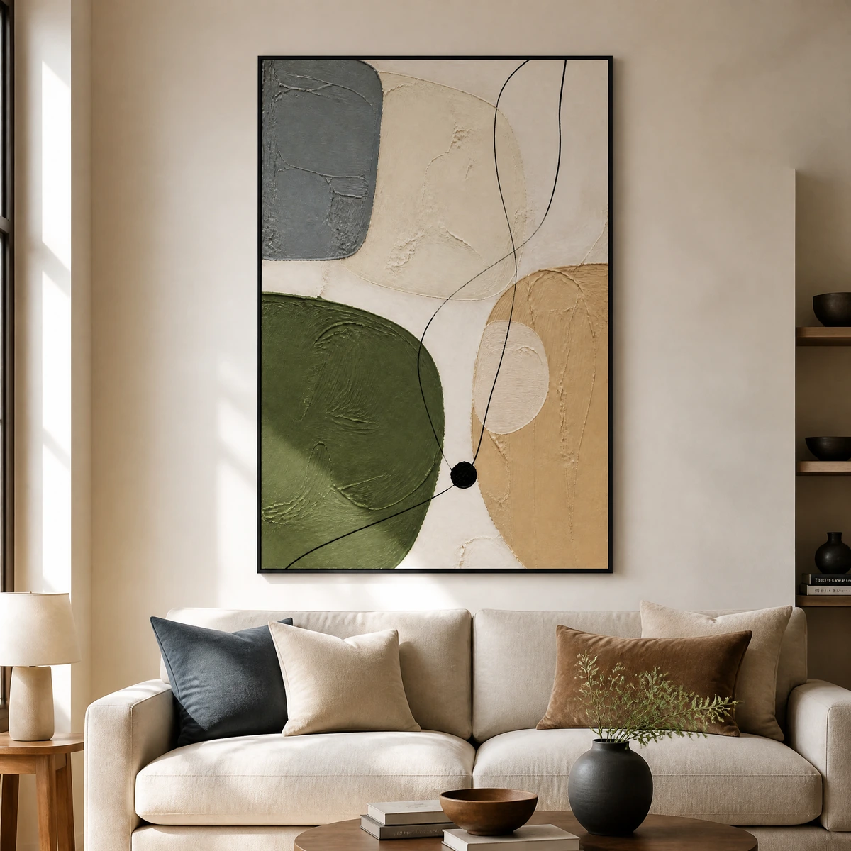 P007-olive-trace-green-abstract-wall-art-living-room-1 Green abstract painting with olive shapes, gray block, beige texture, and black lines
