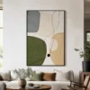 P007-olive-trace-green-abstract-wall-art-living-room-2 Green abstract painting with olive shapes, gray block, beige texture, and black lines