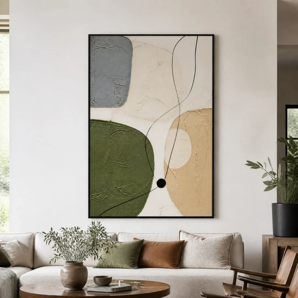 Green abstract painting with olive shapes, gray block, beige texture, and black lines