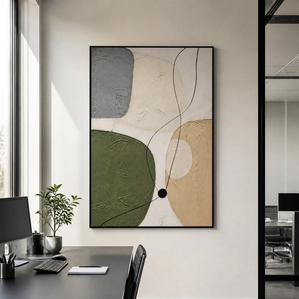 Green abstract painting with olive shapes, gray block, beige texture, and black lines