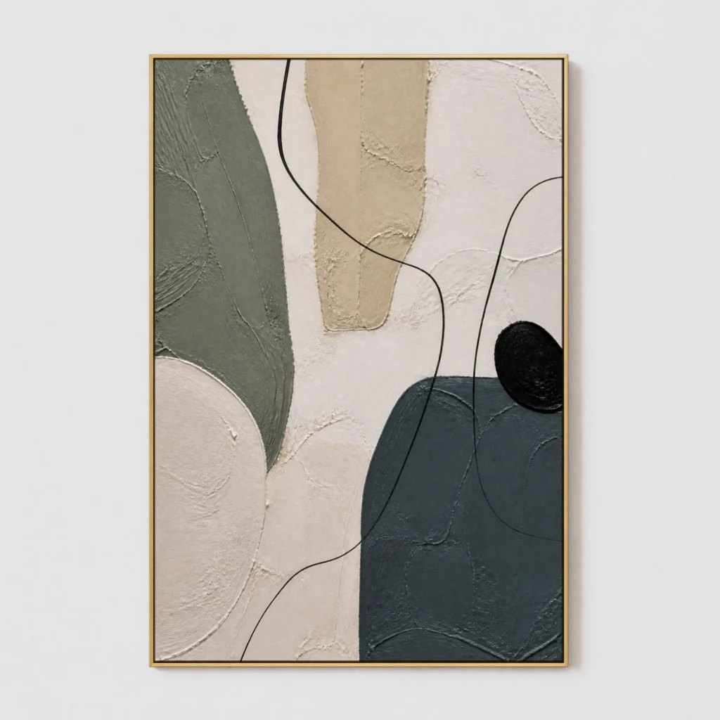 Neutral abstract painting with slate gray forms, sage shapes, beige texture, and black lines