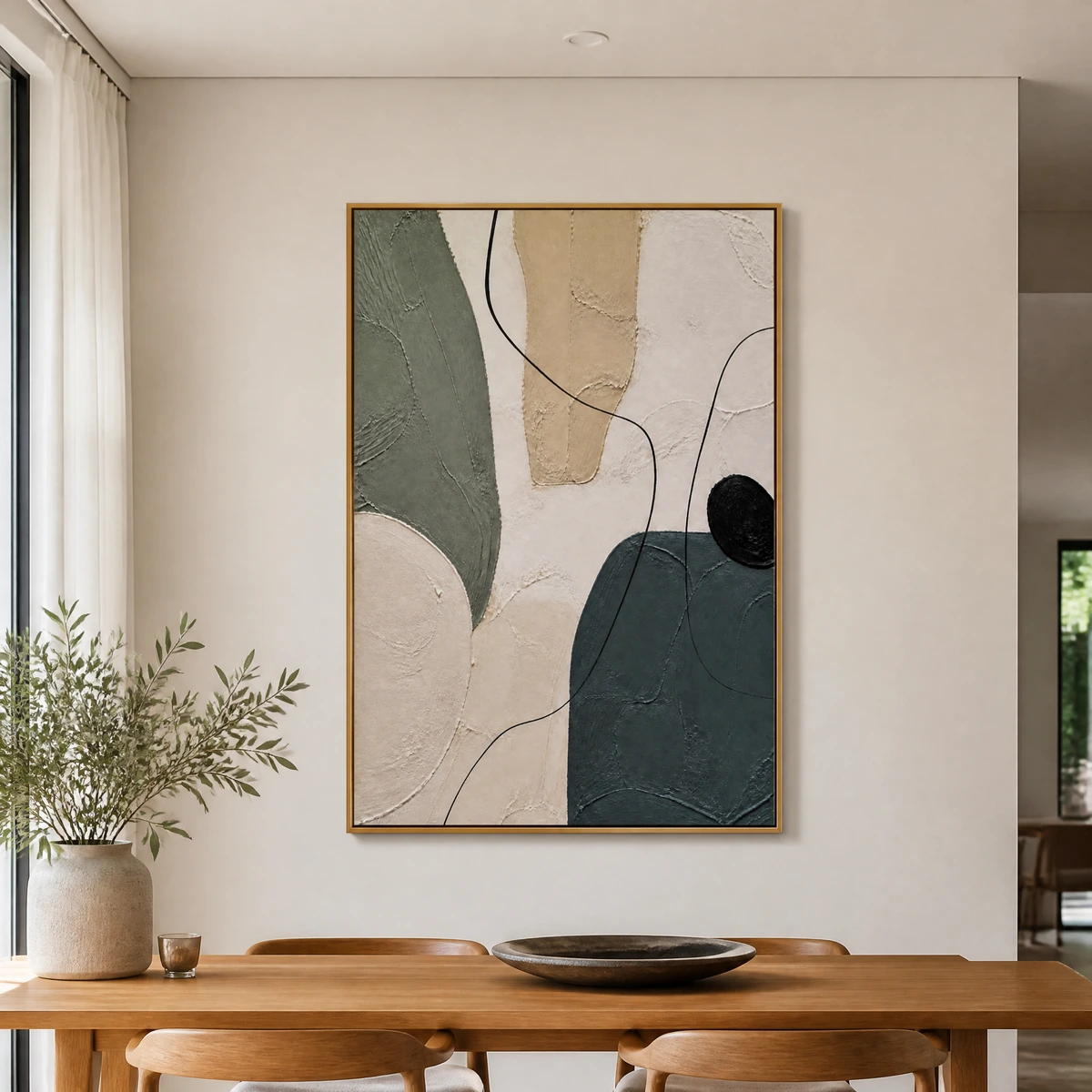 P008-slate-path-neutral-abstract-wall-art-dinning-room-1 Neutral abstract painting with slate gray forms, sage shapes, beige texture, and black lines