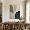 P008-slate-path-neutral-abstract-wall-art-dinning-room-2 Neutral abstract painting with slate gray forms, sage shapes, beige texture, and black lines