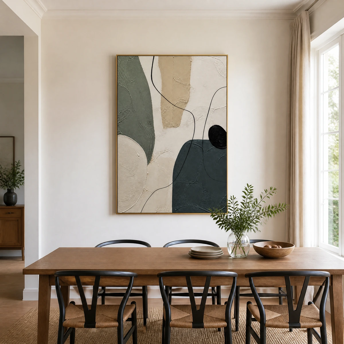 P008-slate-path-neutral-abstract-wall-art-dinning-room-2 Neutral abstract painting with slate gray forms, sage shapes, beige texture, and black lines