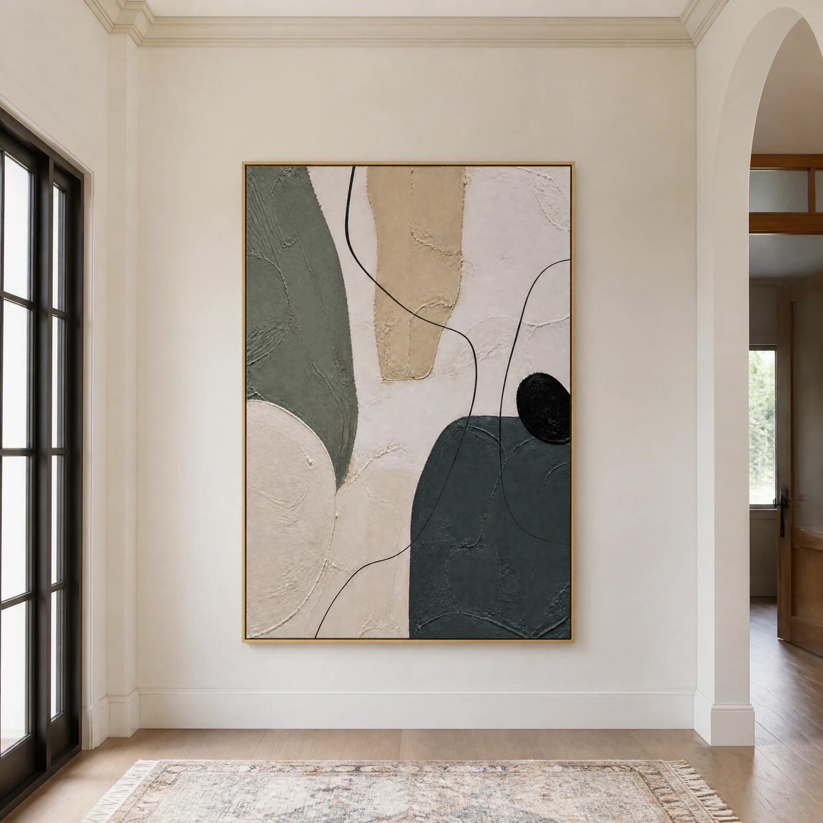 P008-slate-path-neutral-abstract-wall-art-entryway-1 Neutral abstract painting with slate gray forms, sage shapes, beige texture, and black lines