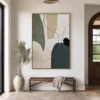 P008-slate-path-neutral-abstract-wall-art-entryway-2 Neutral abstract painting with slate gray forms, sage shapes, beige texture, and black lines