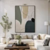 P008-slate-path-neutral-abstract-wall-art-living-room-1 Neutral abstract painting with slate gray forms, sage shapes, beige texture, and black lines