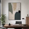 P008-slate-path-neutral-abstract-wall-art-office-1 Neutral abstract painting with slate gray forms, sage shapes, beige texture, and black lines