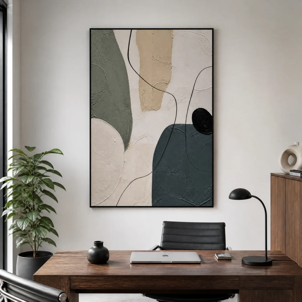 Neutral abstract painting with slate gray forms, sage shapes, beige texture, and black lines
